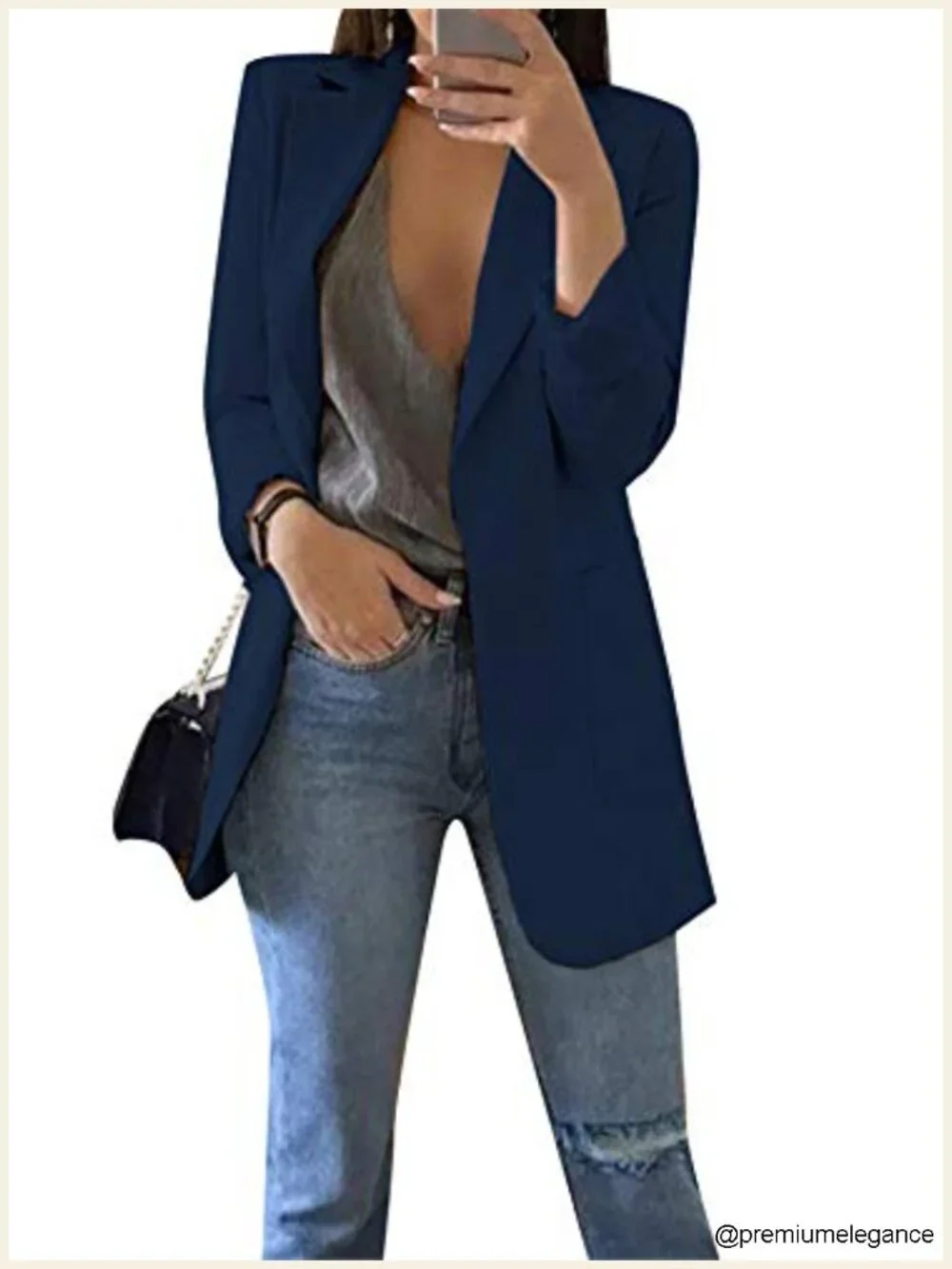 Long Sleeve Open Front Blazer Slim Fit Work Jacket Polyester Blend